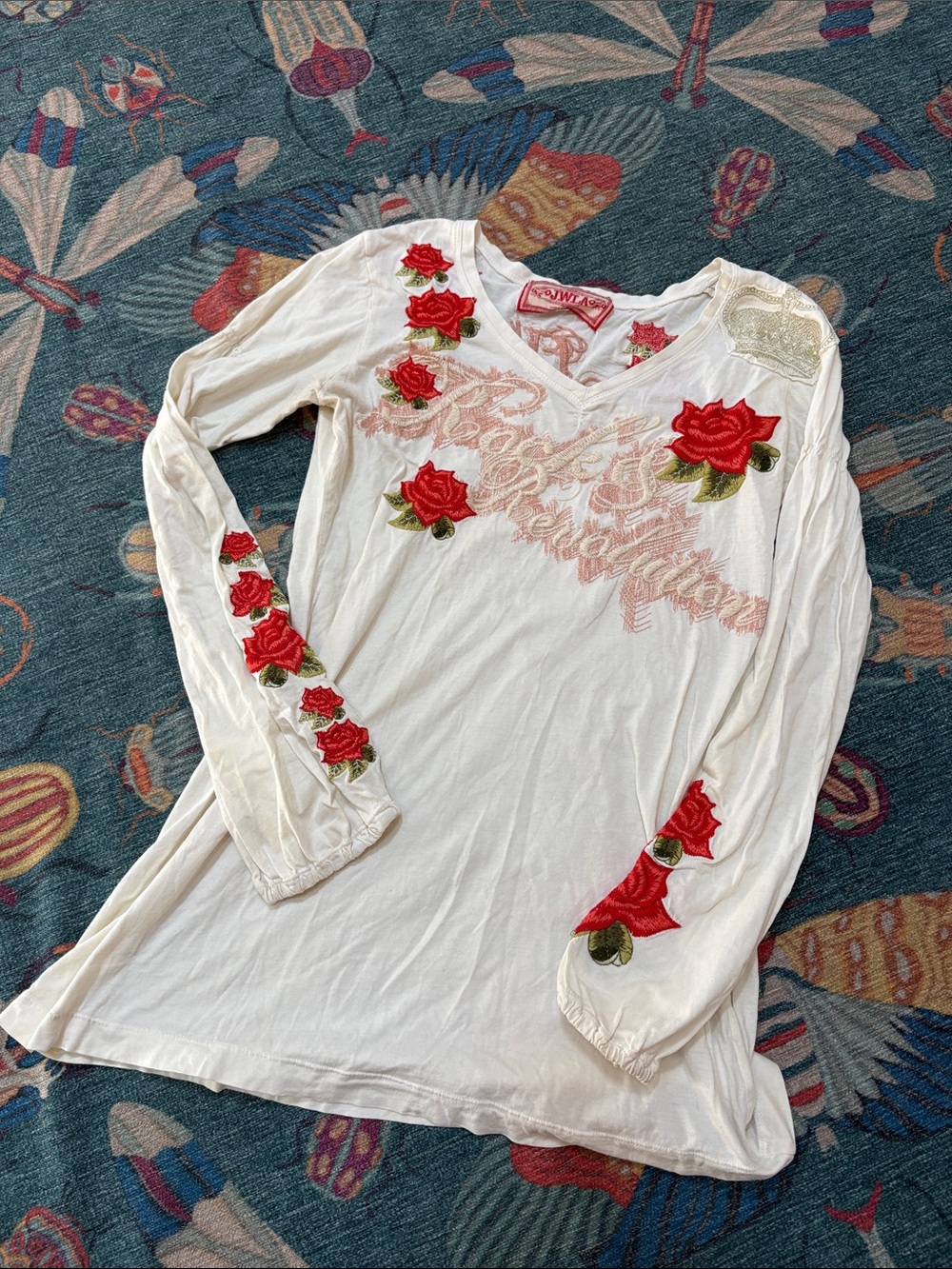 Vintage Johnny Was Rock & Revolution embroidered roses crown appliqued t shirt M